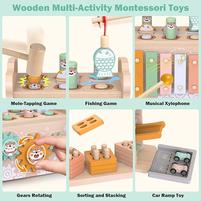 Wooden Montessori Toys for Toddlers 1-3, Baby Pounding Hammering Toy with Xylophone & Fishing Game, Car Ramp Racer, Stacking Blocks & Shape Sorter, 3 in 1 Learning Multi-Activity Set for 1 + Year Old