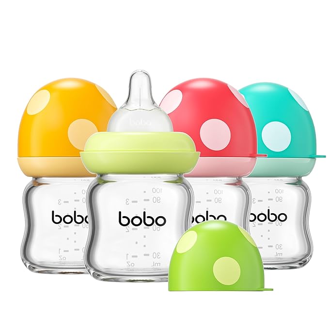 YOHKOH Natural Glass Baby Bottle with Natural Response Nipple, Newborn Anti-Colic Baby Bottles, Wide Neck Mushroom Cap Baby Bottle, Clear (Multicolour-A, 3.4oz (Pack of 4))