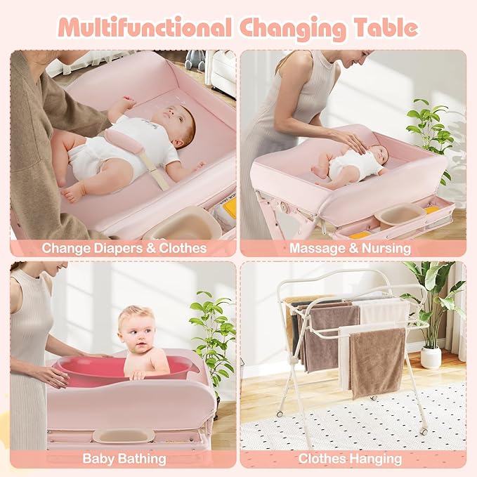 INFANS Baby Changing Table with Wheels, Portable Folding Diaper Station Nursery Organizer with Storage Basket, Hanging Rack, Adjustable Height, Safety Belt for Newborn Infant (Light Pink)