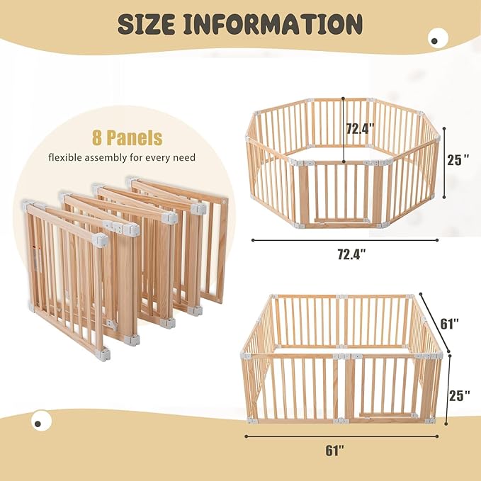 Foldable Wooden Playpen, Large Baby Wood Playpen with Locking Gate for Babies and Toddler 1-3 Year, Portable Play Yard for Activity Center Indoor Outdoor(Wood, 8 Panel)