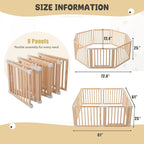 Foldable Wooden Playpen, Large Baby Wood Playpen with Locking Gate for Babies and Toddler 1-3 Year, Portable Play Yard for Activity Center Indoor Outdoor(Wood, 8 Panel)
