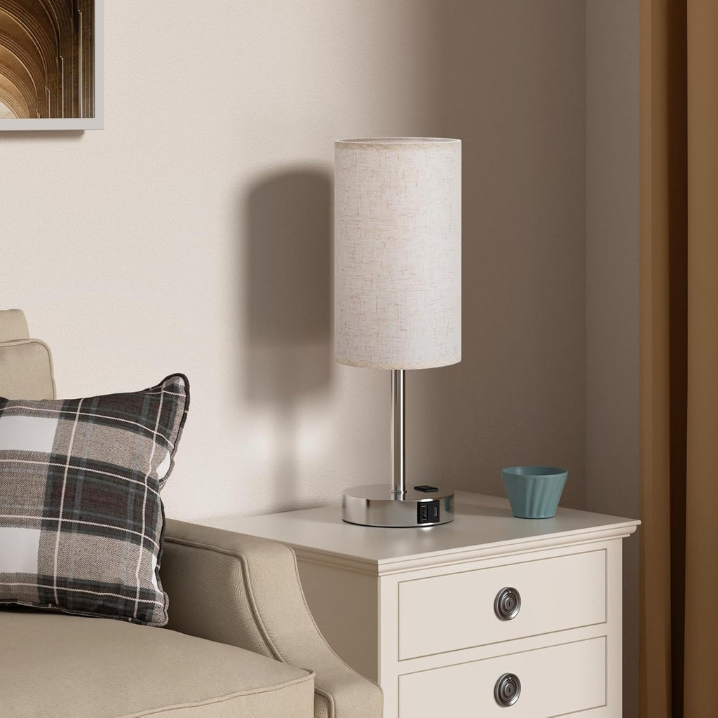 17.4Inch Bedside Touch Table Lamps for Bedroom Nightstand with USB-C USB-A Charging Ports White - 3 Way Dimmable Control Small Lamp Fabric Shade Silver Base for Office, Dorm Room, Living Room, Reading