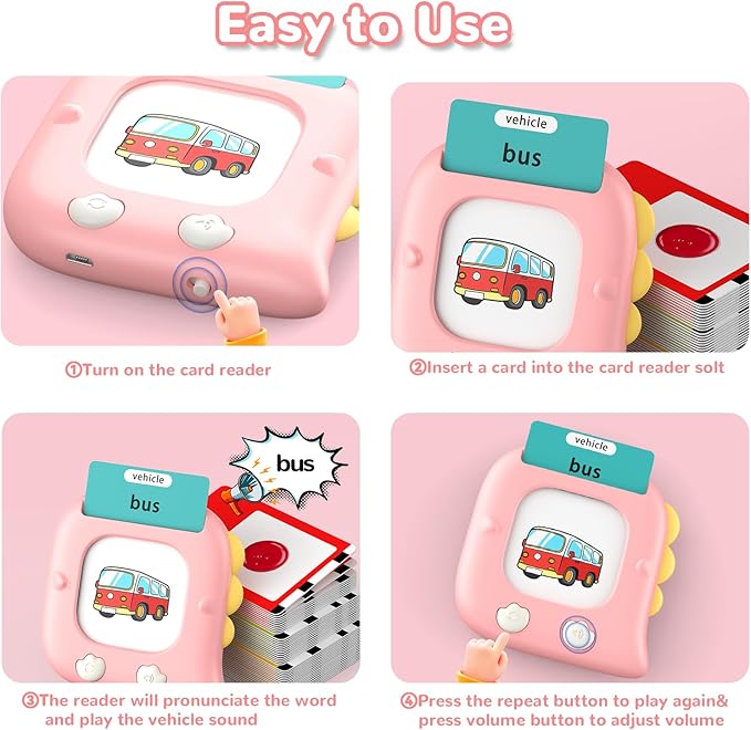 Kidzdo Dinosaur ABCs Learning Toys, 254 Words Talking Flash Cards, Birthday Gifts for 2 3 4 5 6 Years Old Girls, Pocket Speech Language Therapy Toys for Toddlers Ages 2-6, Pink