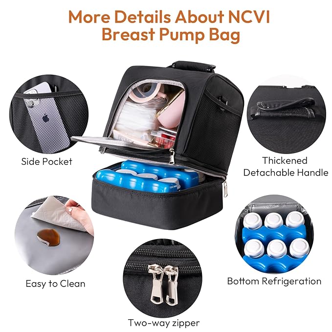 NCVI Breast Pump Bag, Double Layer Removable Pump Bag for Spectra S1, S2, Medela, Breast Pump Backpack with Ice Pack, Insulated Breast Milk Cooler Bag for Working Nursing Moms, Black