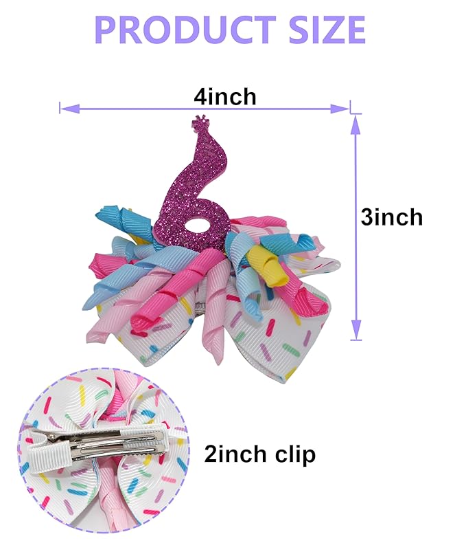 Sixth Birthday Hair Bow for Baby Girls 1 2 3 4 5 6 Years Sprinkle Decorations Party Hair Clip Accessories for Six 6th Birthday Glitter Colorful like Cupcake