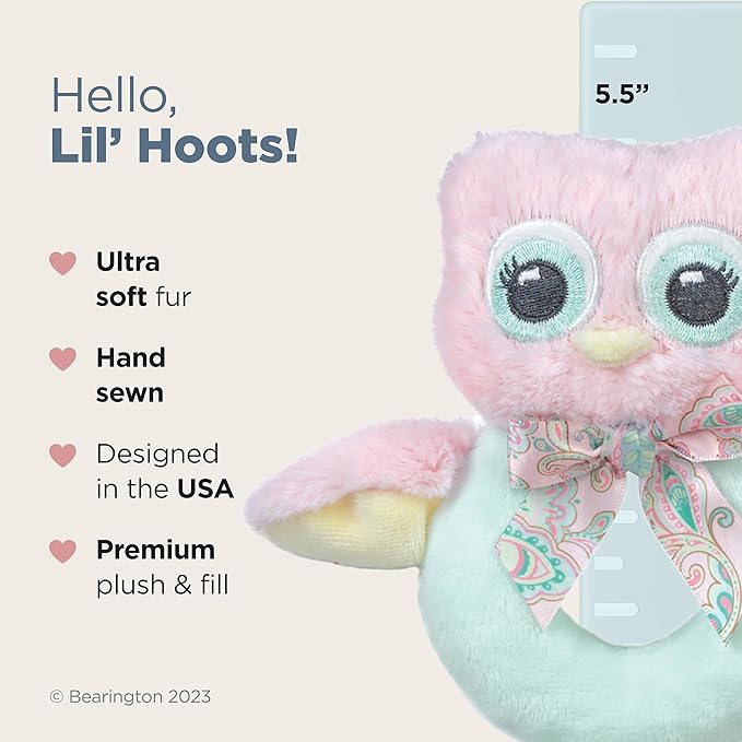 Bearington Baby Lil' Hoots Plush Stuffed Animal Pink Owl Soft Ring Rattle - 5.8" Baby Rattle Newborn Toy