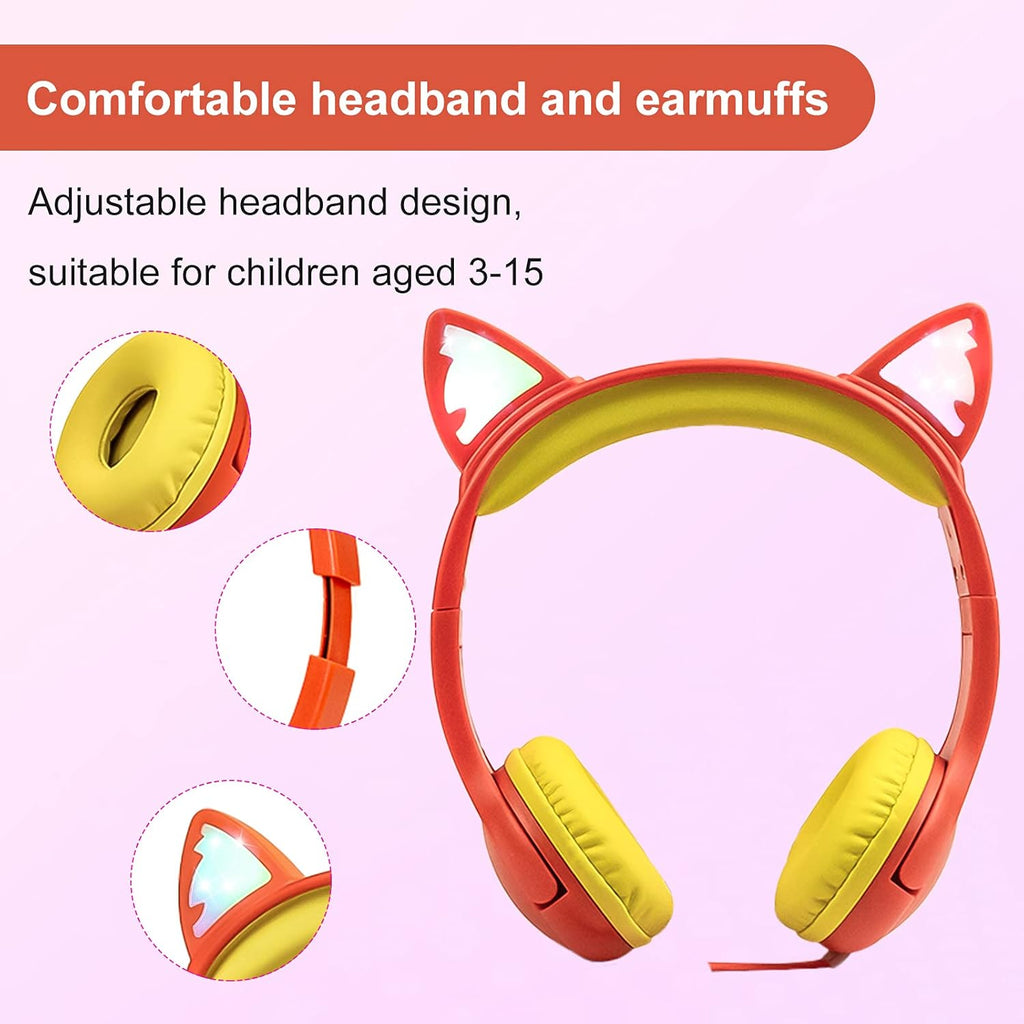 Olyre Kids Headphones Children Girls Boys Teens with LED Light Up and Sharing Port, Adjustable On Ear 3.5mm Jack Compatible School Cellphones Computer MP3/4 Tablets/E-Readers - Orange/Yellow