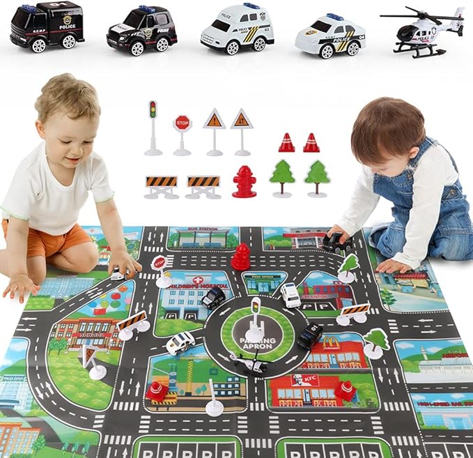 Dwi Dowellin 5 in 1 Airplane Toys with Light and Sound,Police car Toys with Activity Mat, Christmas Birthday Gifts for Kids 3 4 5 6 Year Old Boys Girls