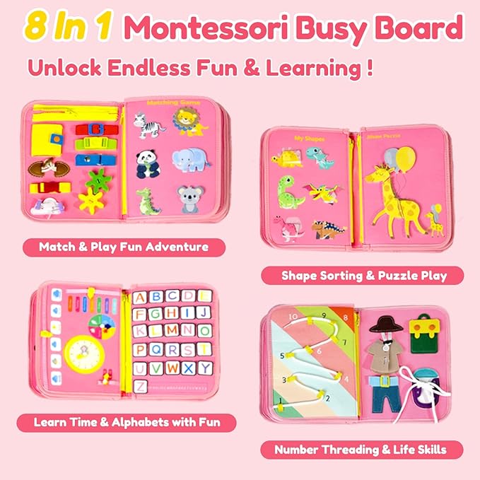 Qizfun Busy Board Book Montessori Toys for 1 2 3 4 Year Old, Girl Birthday Gifts, Educational Sensory Learning Toy for Toddlers 1-3, Car Airplane Travel Activities Toys for Kids Ages 2-4 Year Old
