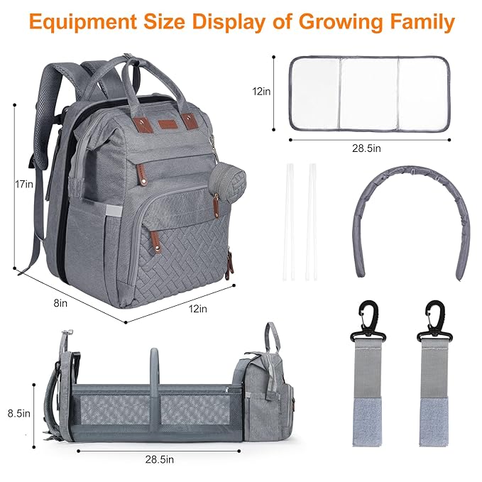 Baby Diaper Bag, Backpack with Changing Table, Unisex Baby Bag, with Diaper Pad, USB Charging Port, Insulated Pacifier Case, Multifunctional Waterproof Travel Diaper Bag, Gift for Newborn Baby (Grey)