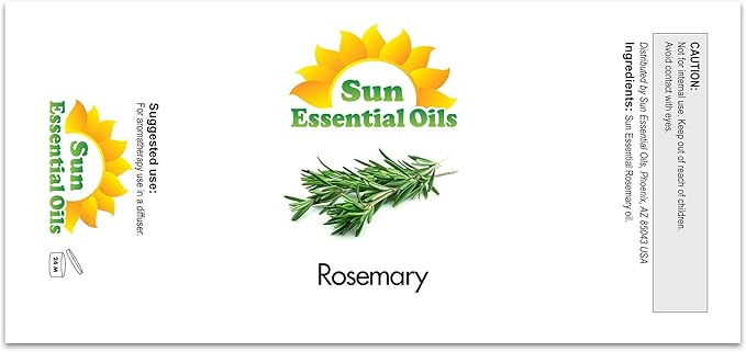 Sun Essential Oils - 2 oz Rosemary Essential Oil for Hair Growth, Skin, Scalp - Drops for Diffuser, Humidifier & Aromatherapy Massage - DIY Candle, Lotion & Shampoo Making - Help Sleep