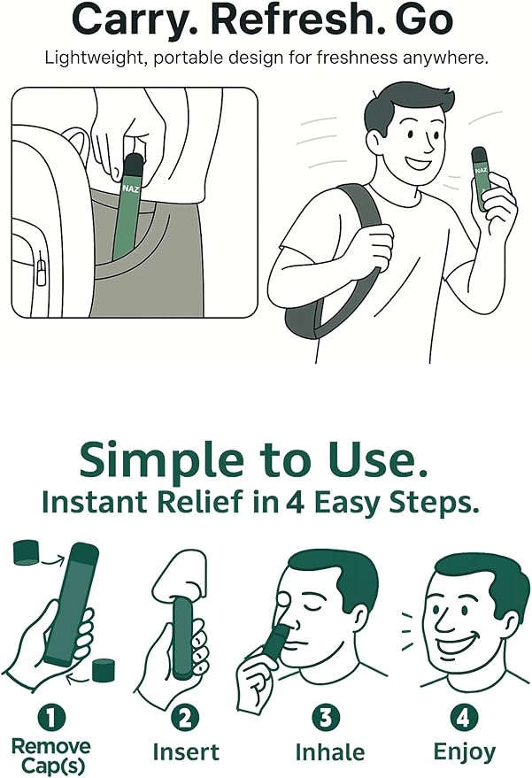 Naz Menthol Herbal Nasal Stick - Spearmint, Camphor, Eucalyptus Extracts w/Vapor Electric Nasal Inhaler for Aromatherapy, ICY Refreshing & Focus Diffuser Pen - 3Pak