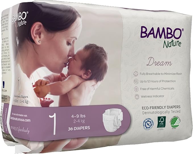 Bambo Nature Hypoallergenic Dream Baby Diapers, Premium Eco-Labeled Sustainable Diapers, Enhanced Leakage Protection, Totally Chlorine-free, Skin Friendly, and Super Absorbent - Size 1 (108 Count)