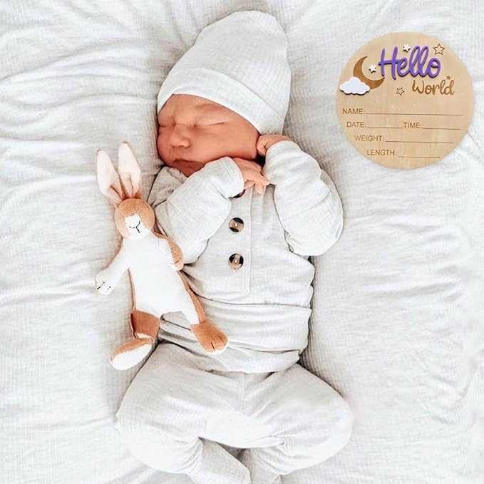 Baby Announcement Sign, 5.9 Inch Wooden Hello World Newborn Signs, Birth Announcement Sign and Pen, Moon and White Cloud Decoration, Welcome Newborn Arrival to World, Hospital Nursery for baby (Purple)