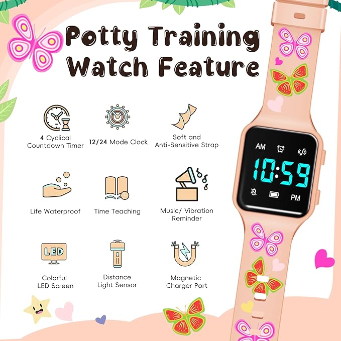 Potty Training Watch for Toddlers & Kids with Countdown, Flashing Lights, Fun Music or Vibration Alerts - Waterproof Interactive Toilet Training Reminder for Boys & Girls Ages 2-9