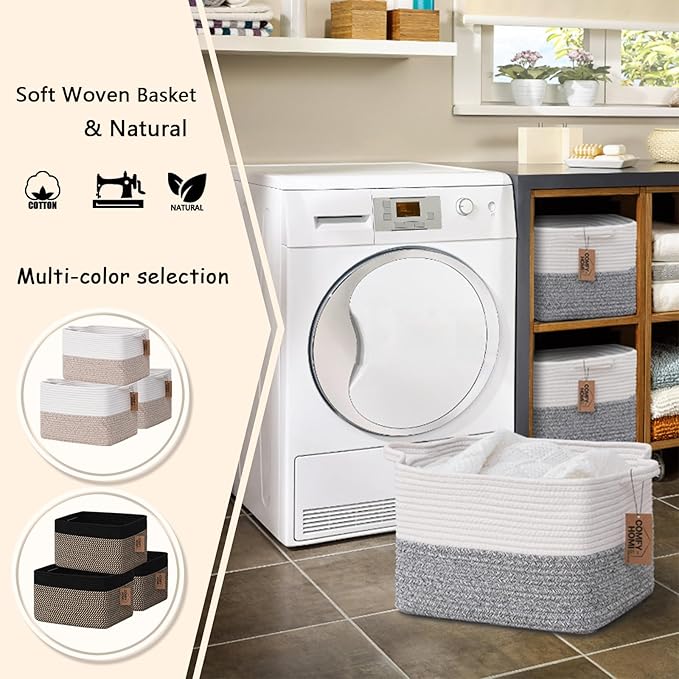 COMFY-HOMI 3-Pack Cotton Rope Woven Basket with Handles for Shelves, Book, Cloth Basket|Dog Toy Basket for Organizingy|13.5" x 11" x 9.5" for Bedroom（White/Grey）