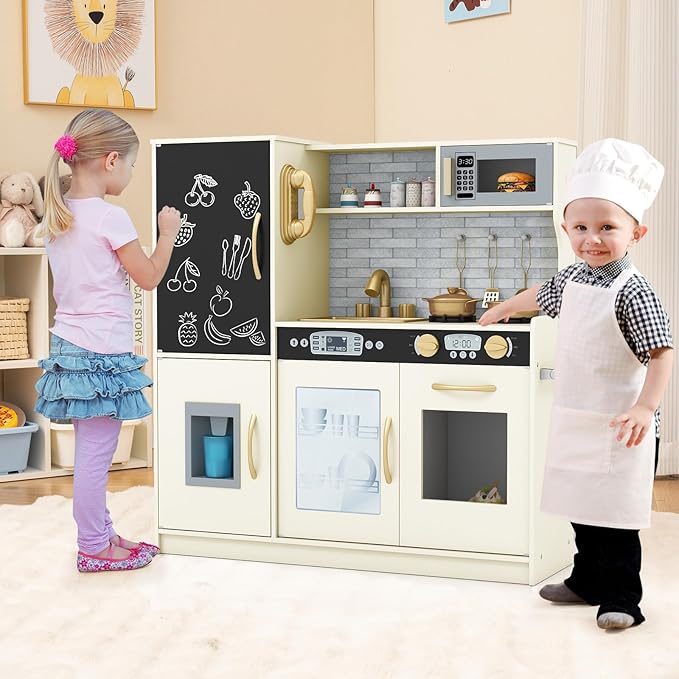 HONEY JOY Kids Kitchen Playset, Wooden Little Chef Pretend Toy Kitchen Set w/Chalkboard, Telephone, Utensils, Oven, Microwave, Sink, Storage, Play Kitchen for Toddlers Boys Girls, Cream