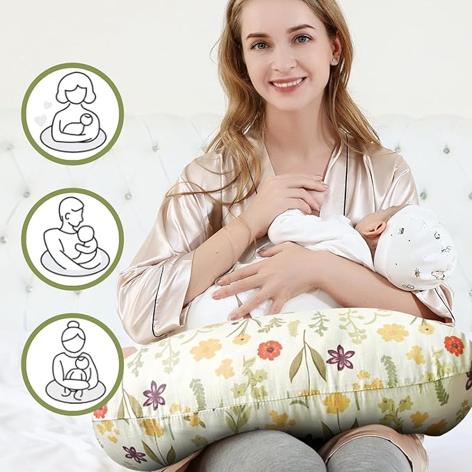 Nursing Pillow, Ergonomic Support Breastfeeding Pillow for Easier Breast Feeding and Bottle Feeding, Baby Feeding Pillow with Machine Washable Cotton Cover (Leave)