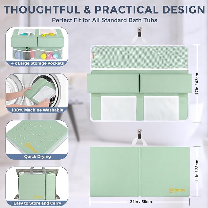 Bath Kneeler and Elbow Rest Pad Set - Comfortable 1.5” Thick Baby Bath Kneeler Pads with Toys Organizer, Non-Slip Knee Arm Support Bathtub Mat, Quick-Drying Kneeling Pad for Baby Bath Time