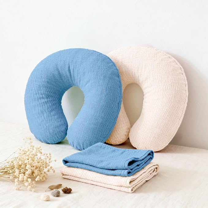Nursing Pillow Covers, 2 Soft and Cosy Breastfeeding Pillow Covers for Standard Baby Nursing Pillows for Both Boys and Girls (Dark Blue and Beige)