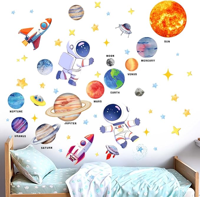 Outer Space Wall Stickers for Kids: Peel and Stick Astronaut Planets Rocket Wall Decals - Wall Art Decor Kids Supplies Ages 1 2 3 4 5 6 7 8 9 10 11 12 Year