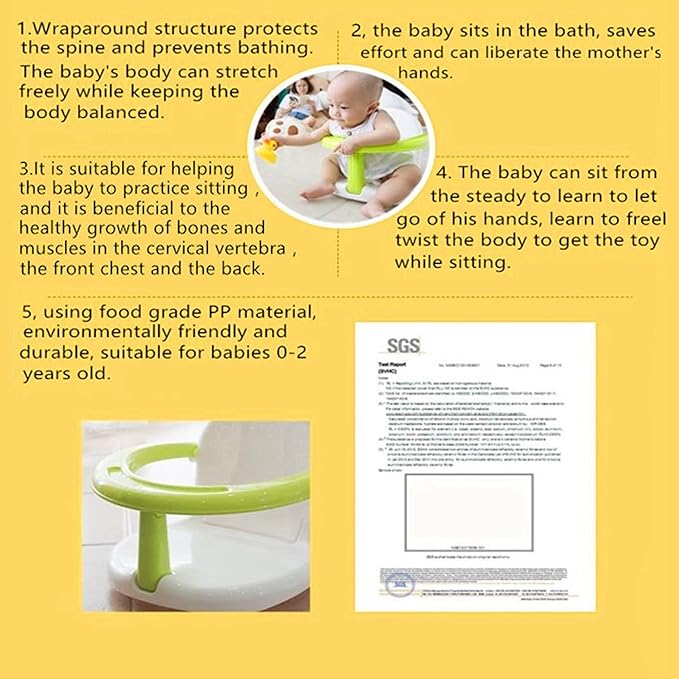 Foldable Non Slip Bath Seat - Baby Bathtub Chair for Sitting Up, Wrap-Around Seat with Suction Cups, 6-18 Months (White Green)