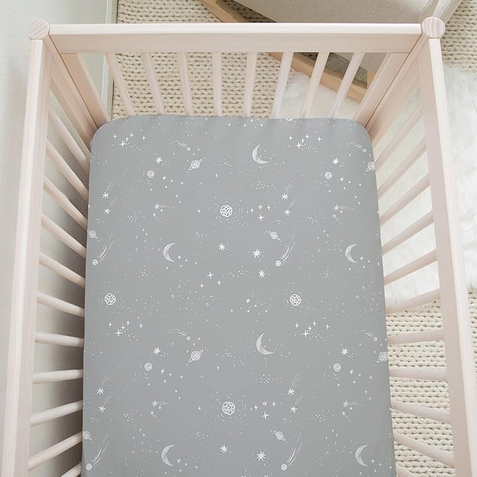 Crib Sheets Neutral - Fitted Baby Crib Sheets Bed for Girl Boy - 2 Pack Standard & Toddler Mattress (Galaxy, Moon, and Stars) - Buttery Soft Organic Cotton Blend