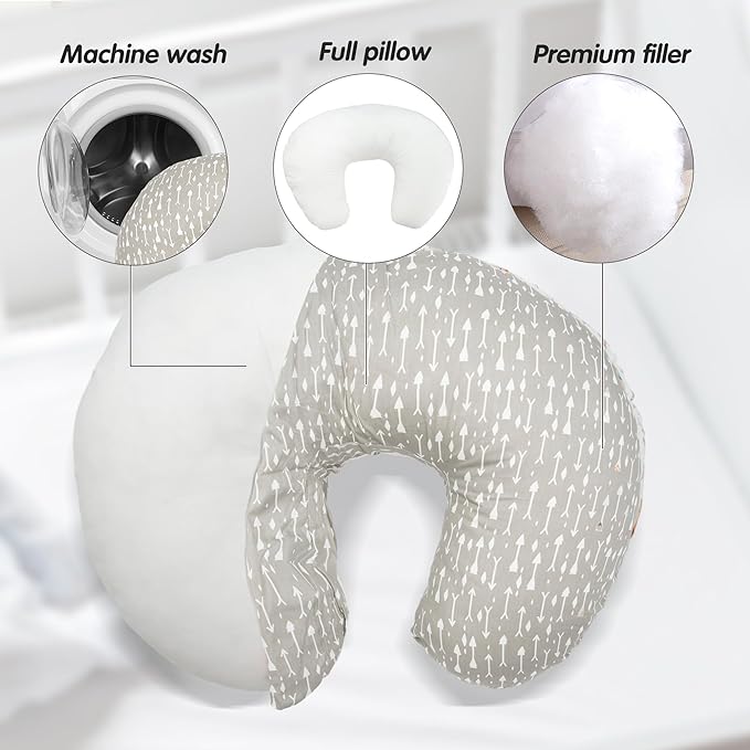 LAT Nursing Pillow for Breastfeeding,100% Cotton Removable Cover,Ergonomic Breast Feeding Pillows for Mom and Baby,Machine Washable(Gray Arrow)