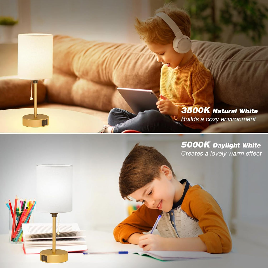 Dicoool Small Bedside Lamps 3 Color Modes - 2700K 3500K 5000K Bedroom Lamps with USB C and A Ports, Pull Chain Gold Table Lamps with AC Outlet, Nightstand Lamps with Gold Metal Base for Kids Reading