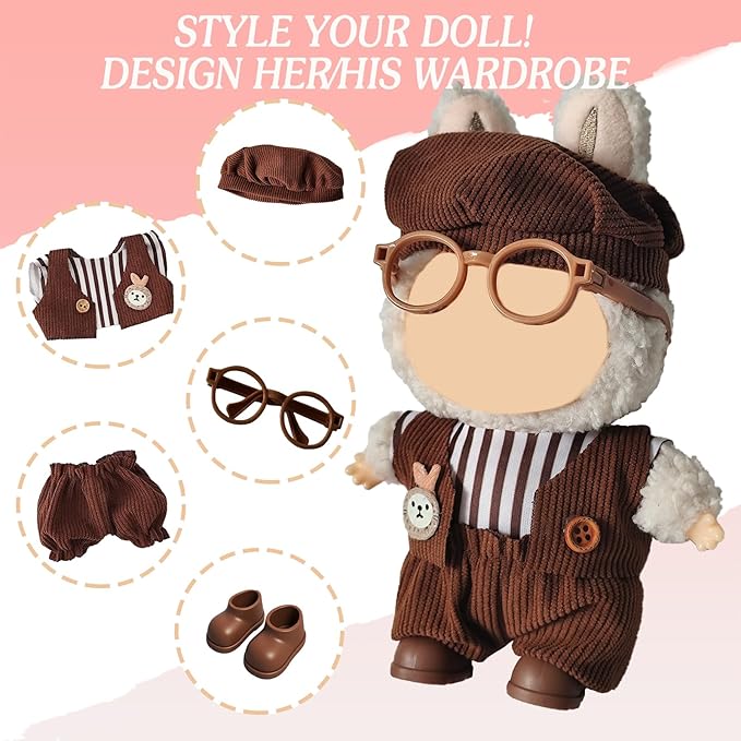 17cm Doll Clothes, Accessories for 15/17cm Dolls Clothes Headband + Overalls, Dolls Keychain Accessories, No Doll Included (Brown Gentleman)