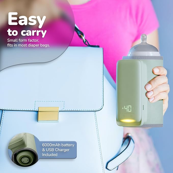 KinderSense Portable Bottle Warmer for Breastmilk or Baby Formula, by Kindersense - Leak-Proof Travel Warmer for Baby Bottles with Battery-Powered Temperature Display and Flashlight
