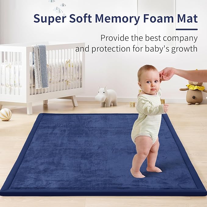 ACOMOPACK Baby Play Mat for Floor 1.3" Thick Memory Foam Play Mat 39"×59" Tummy Time Crawling with Non-Slip Bottom for Living Room,Nursery,Soft Velvet Playpen Mats for Kids,Infants（Royal Blue）