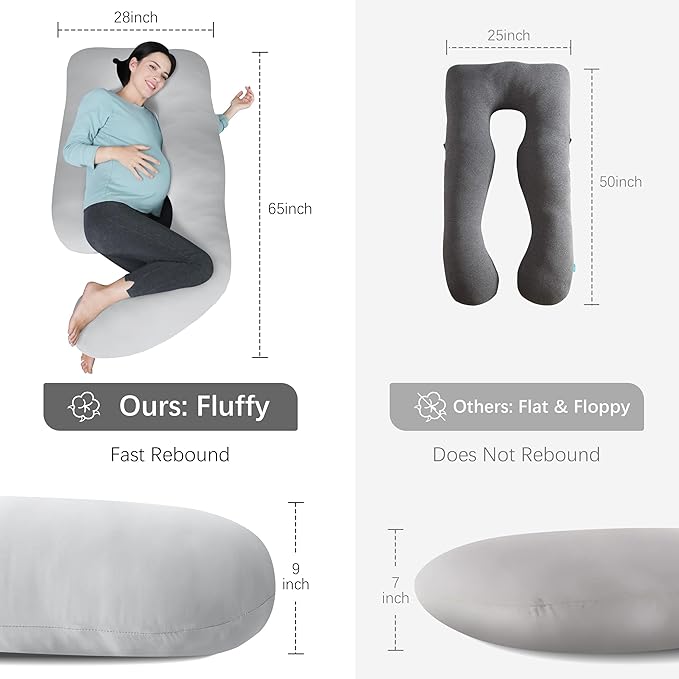 MOON PARK Pregnancy Pillows for Sleeping - U Shaped Full Body Maternity Pillow with Removable Cover - Support for Back, Legs, Belly, HIPS - 65 Inch - Light Grey - Cooling Cover