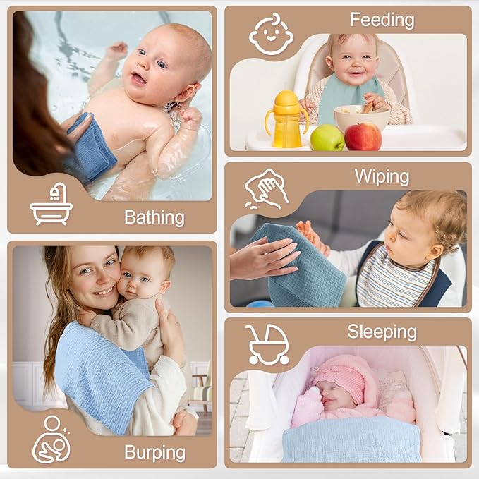 MUKIN Baby Washcloths,Muslin Burp Cloths Towels for Newborns,Absorbent Cotton Bath Face Towel ，5 Pack, 12x12 Inches (Glacier Mist)
