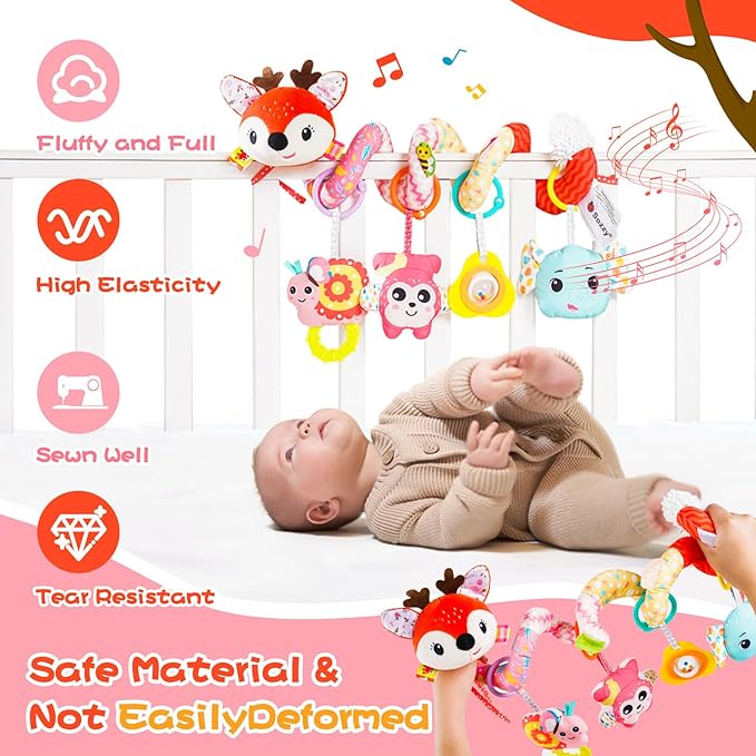 Car Seat Toys, Cute Deer Car Seat Toys for Babies 0-6 Months Boy, Stroller Toys with Crinkle, Teether, Music Box, Rattle, BB Squeaker for 0 3 6 9 12 Months Babies Infant Boys Girls Gifts (Cute Deer)