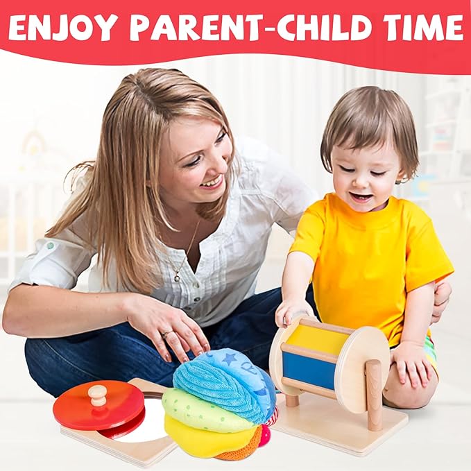Montessori Baby Toys Play Kit - Mirror, Peekaboo, Knob Puzzle, Spinning Drum, Rainbow Ball - 6-12 Months Toddlers