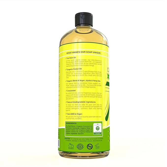 Seven Minerals, EWG Verified Castile Soap 33.8 fl oz - No Palm Oil, GMO-Free - Unscented Mild & Gentle Liquid Soap For Sensitive Skin & Baby Wash - All Natural Vegan Formula with Organic Carrier Oils