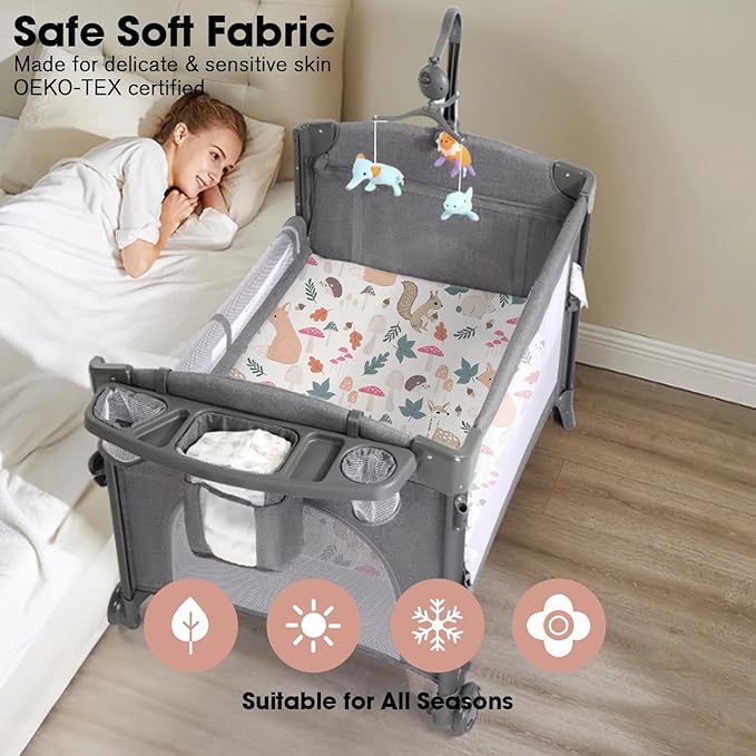 Bimocosy Mini Crib Sheets,Pack and Play Sheets for Baby Girl Boy 4 Pack,Size 38"x 26" for Playard Mattress,Portable Mini Crib,Soft Pack N Play Sheets Fitted,Wetland Birds/Squirrel/Mauve/Fog Blue