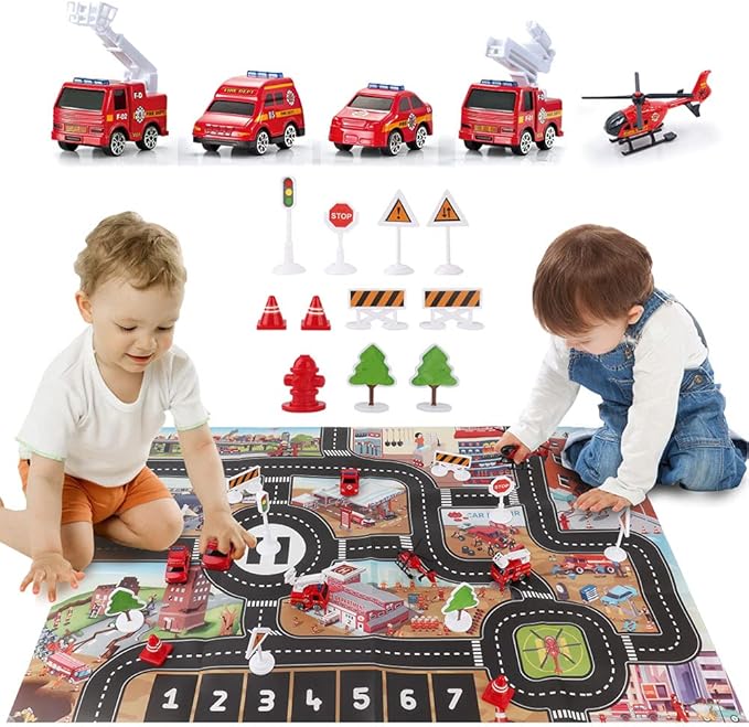 Dwi Dowellin Airplane Toys with Fire Truck Cars Toy Set and Play Mat,Plane with Light Up and Sounds,Birthday Gift for 3 4 5 6 Years Old Kids Boys Girls(Medium)