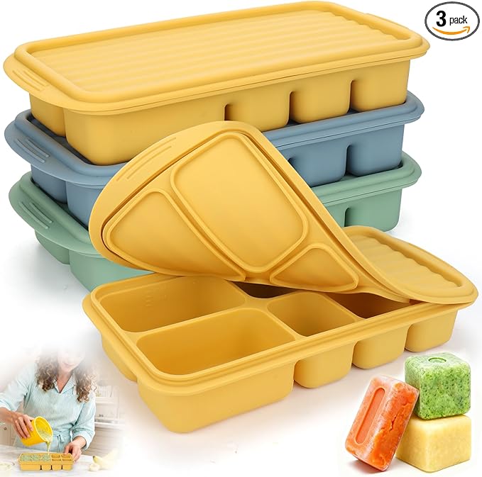 Palksky Silicone Freezer Tray with Lid, Silicone Freezer molds Dual-Size (30/40ml & 70/90ml) Leakproof Individual Seal Rings for Puree, Breast Milk & Homemade Meals (Blue Green Yellow)
