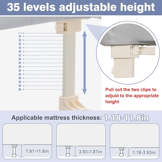 Ciilee Baby Bed Rail for Toddlers Portable Travel Kids Beds Guard Rails for Queen Bed Foldable Children Side Railing for Twin Beds Adjustable Bedrail Barandas para Camas de Niños（Grey,48in