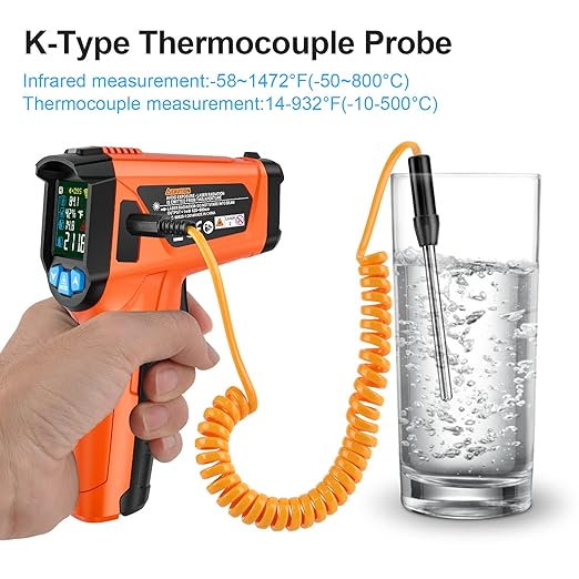 Infrared Thermometer Gun, TEMIRUP Digital Laser Temperature Gun, -58°F to 1472°F, Non Contact IR Temp Gun with Color LCD for Industrial, Cooking, Griddle, Engine, HVAC,Adjustable Emissivity & Humidity