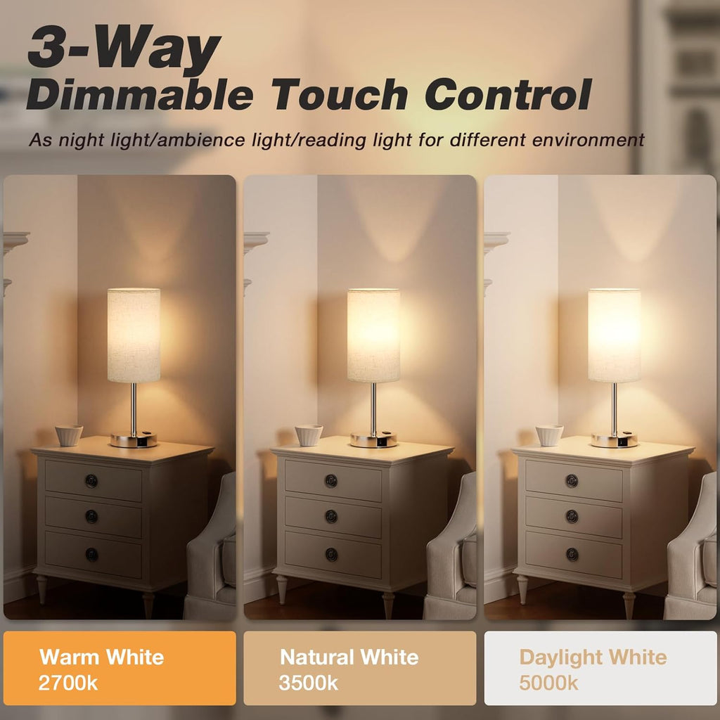 17.4Inch Bedside Touch Table Lamps for Bedroom Nightstand with USB-C USB-A Charging Ports White - 3 Way Dimmable Control Small Lamp Fabric Shade Silver Base for Office, Dorm Room, Living Room, Reading