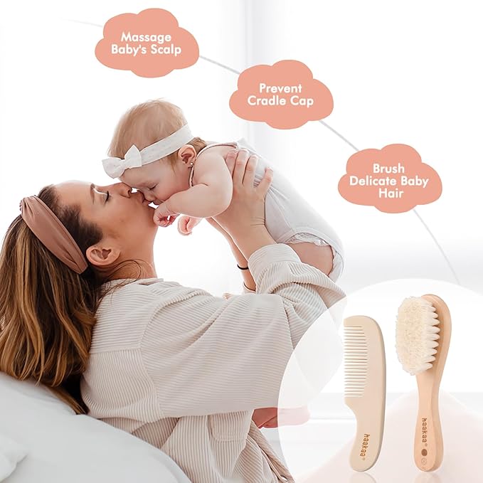 haakaa Baby Hair Brush and Comb Set for Newborns & Toddlers - Natural Soft Wool Bristles and Wooden Handle, Gently Grooms Baby's Hair, Ideal for Cradle Cap, Perfect Baby Gift, 2pk
