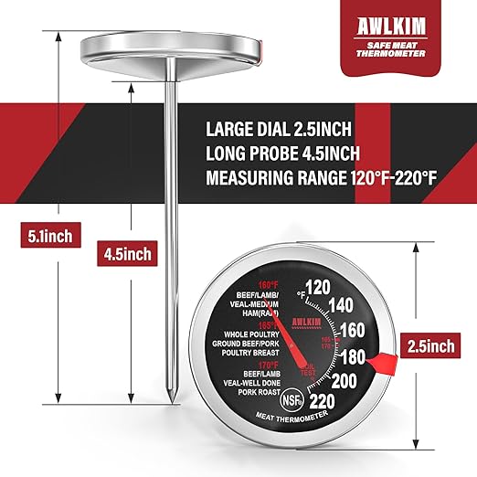 2 Pack Stainless Steel Meat Thermometer, Safe Leave in Oven, 2.5-in Extra-Large Dial Food Thermometer for Cooking, Temperature Probe for Baking, Steak, Turkey - Kitchen Gadgets - Black