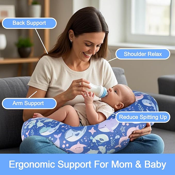 Nursing Pillow, Breastfeeding Pillow with Removable Cover, Ergonomic Breast Feeding Pillow, Baby Feeding Support Cushion for Mom Easier Breastfeeding- Original Size/Whale