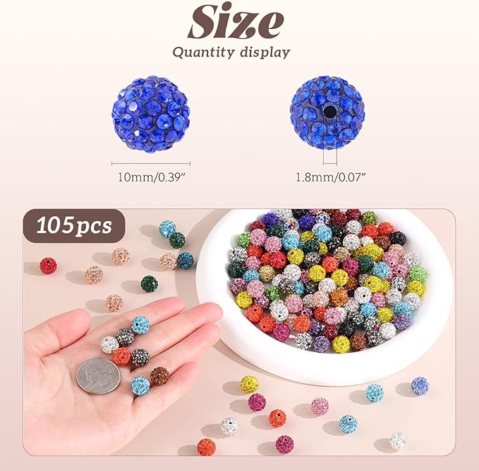 105pcs 10mm Rhinestone Beads for Jewelry Making, Pink White Shiny Round Disco Ball Beads Bulk, Sparkle Crystal Clay Christmas for Bracelet Baseball Necklace Earring Crafting and DIY