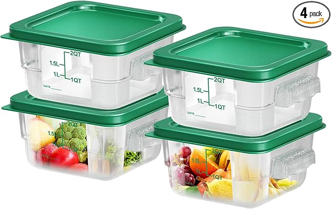 4 pcs 2qt Food Storage Containers with Lid, Square Clear Commercial Food Storage Containers with Handle and Scale for Food Storage in Home Kitchen & Dining (Rreen)