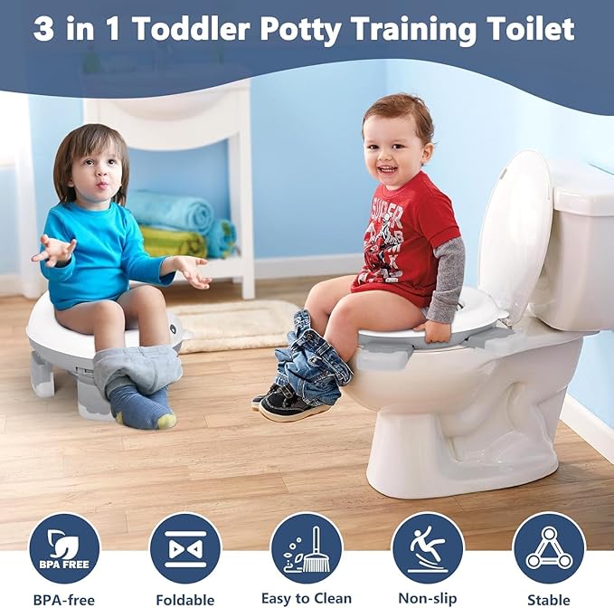 Portable Travel Potty, Training for Baby to Toddler, Travel Toilet Seat with Charts and Storage Bag, Folding Potty for Kids Boys Girls Indoor and Outdoor (Gray)