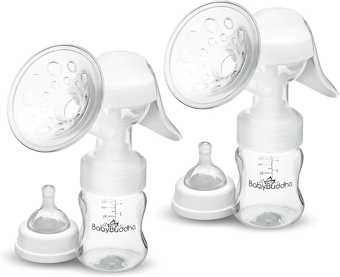 BabyBuddha Manual Breast Pump, Single Hand Expression Breastmilk Pump, Cordless and Portable, No Batteries or Power Needed, Soft Silicone Massage Cushion, BPA Free, Quiet, Dishwasher Safe, 2 Pack